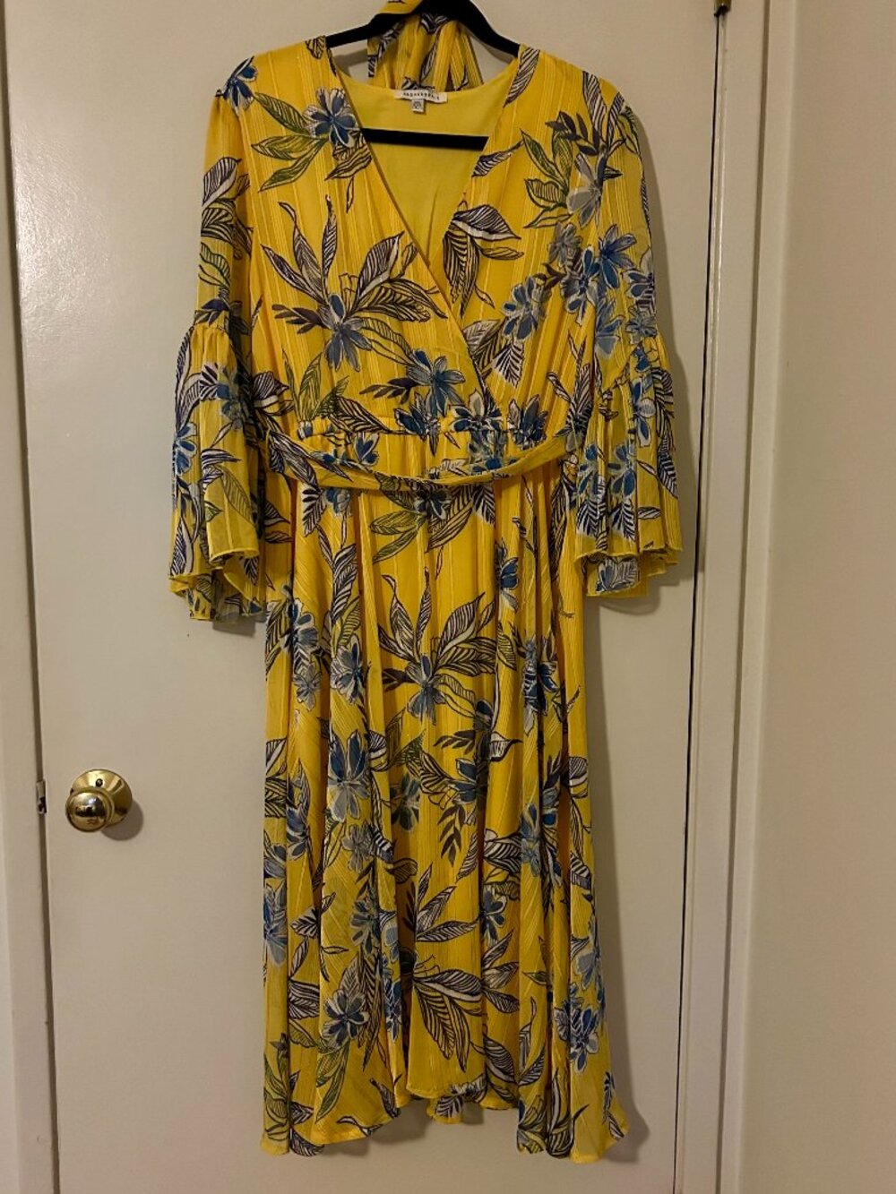 Modcloth x Parker and Rowe Yellow Blue Floral Bell Sleeve Wedding Guest Dress